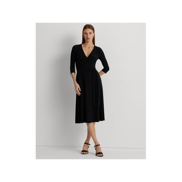 RALPH LAUREN Womens Black Belted 3/4 Sleeve V Neck Below The Knee Evening Fit + Flare Dress 2