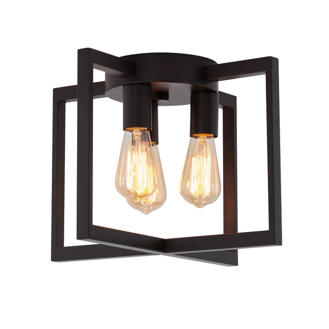 Artika Yale Modern Mid Century Flush Mount Ceiling Light Fixture in bronze with a distinctive open design featuring two crossed steel frames. The fixture includes three dimmable LED E26 ST58 bulbs, emitting a warm glow. Measuring 14.5 inches by 14.5 inches by 10.39 inches, it is ideal for bedrooms, hallways, or kitchens. Easy to install with included hardware and backed by a 3-year limited warranty.