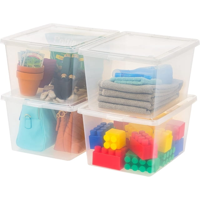 L Storage Box Stackable - Plastic Bin with Lid Organizing Containers Clear