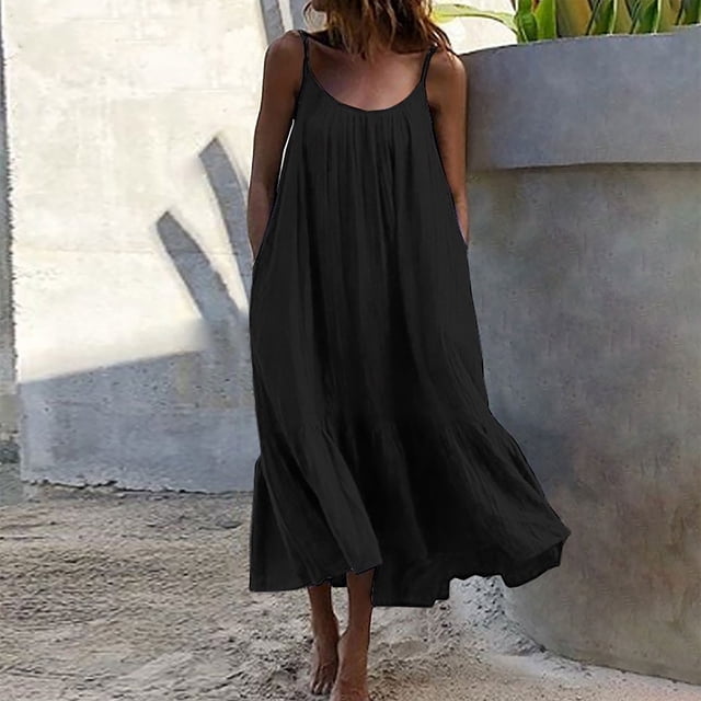 zanvin Robe d'Été pour Femmes, Robe Maxi d'Été pour Femmes Décontractée Bohème Sans Manches à Bretelles Spaghetti, Smockée, à Étages, Longue, de Plage, Soleil, Fête, Robe de Plage, Noir
