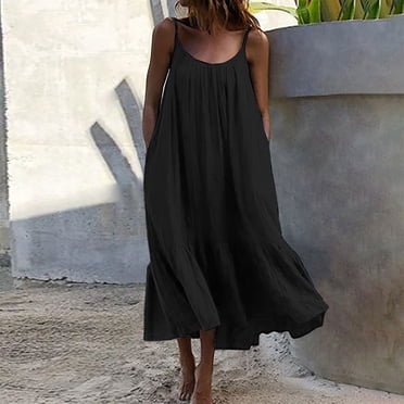 Drppepioner Femmes Grande Taille, Robe Maxi d'Été pour Femmes Décontractée Bohème Sans Manches à Bretelles Spaghetti Smockée à Volants Longue de Plage pour le Soleil