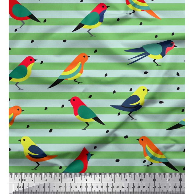 Soimoi Green polyester Crepe Fabric Stripe & Bird Print Sewing Fabric Yard 52 Inch Wide