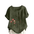 thumbnail image 3 of QATAINLAV T-Shirts pour Femmes d'Été en Coton et Lin à Boutons à Col Rond Chemise Mode Bohème à Imprimé Floral Hauts de Plage Décontractés Grande Taille Blouses à Manches Courtes Éclair Prime Aujourd'hui Vert Armée G, 3 of 5