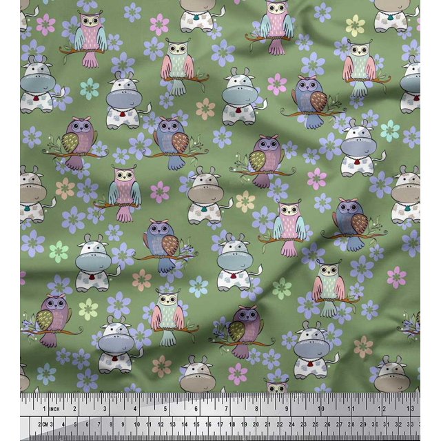Soimoi Poly Georgette Fabric Floral,Owl & Cow Cartoon Fabric Prints by Yard 52 Inch Wide