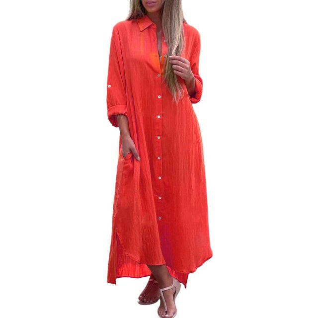 Kcodviy Robe Chemise Unie pour Femme Mignonne Robe d'Été Jupe Longue Décontractée Longue Magasinage Robes pour Femme Manche Cardigan Robe