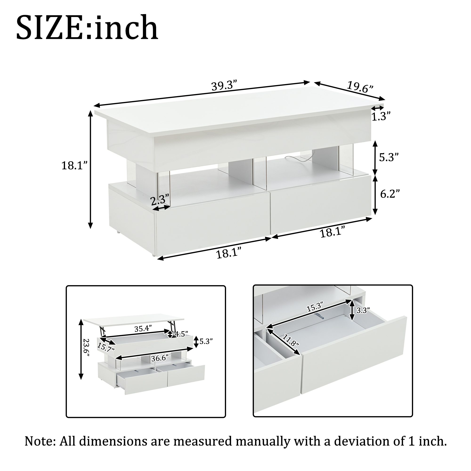 Homy Casa Table Basse Relevable avec 2 Tabourets, Rangement Blanc Brillant DEL