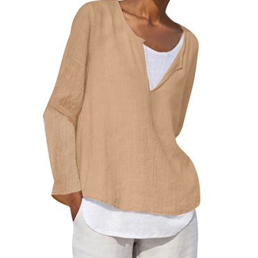 RKSTN Chandail en Molleton Femme Coton et Lin Couleur Unie Col en V Décontracté Hauts Amples Manches Longues Blouse Chemises