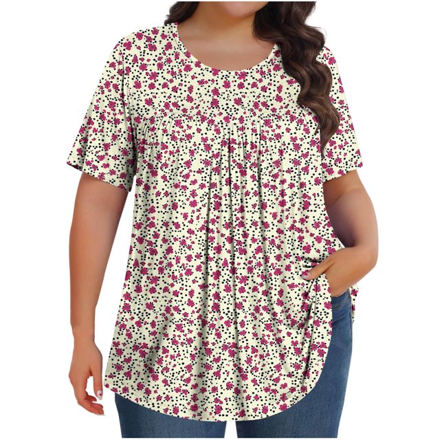 Pisexur Printemps Tops for Women Blouses for Women Habillé Décontracté Mode Féminine Imprimé Col Rond Manches Courtes Plissé Ample Haut Multicolore,2TG