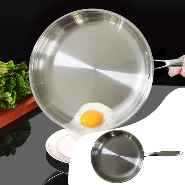 Hbdhejl Stainless Steel Pan 12 Inch Frying Pan with 3-ply stainless steel construction, shown in a polished grey finish. The pan includes a durable, cool-touch handle for safe and easy use. Ideal for frying, sautéing, deep-frying, braising, and pan roasting. Compatible with all hob types, including induction, and dishwasher safe, though hand-washing is recommended. The image showcases the pan's reflective surface and a fried egg being served, highlighting its versatility and modern design.