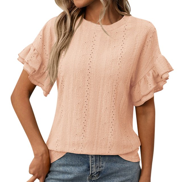 JIRNDf Hauts pour Femmes T-Shirts d'Été Tendance Couleur Unie Col Rond Manches Courtes à Volants Blouse pour Femmes Tunique Décontractée Orange S