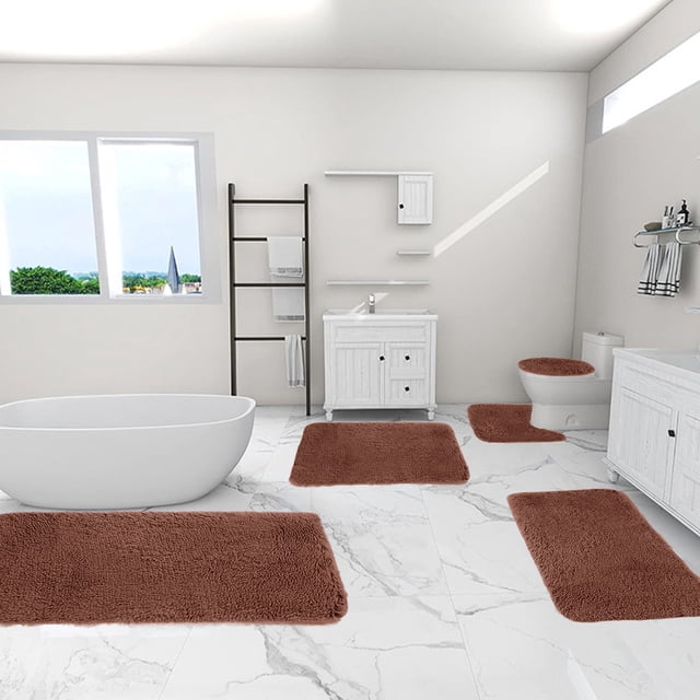 Dvkptbk Solid Color Bath Mats 5 Set Bathroom Rugs For 5 Pcs Toilet Mats Universal Soft Longhair Water Absorption Non-Slip Thick Machine Washable Easy To Dry Dark Color