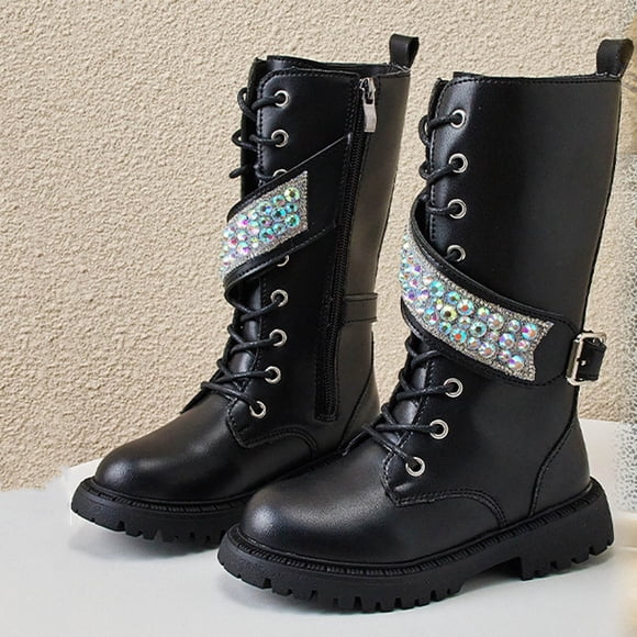 Elvqul Girls Boots,Girls Shoes,Winter Zipper Lace up Riding Boots Faux Leather Size 13 Girls