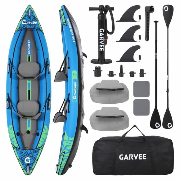 2 Person Inflatable Kayak, Fishing Kayak for Adults with Padded Seats, 3 Fins, Hand Pump, Carry Bag, Repair Kit, 12.5 ft, 450 lbs Capacity, Blue