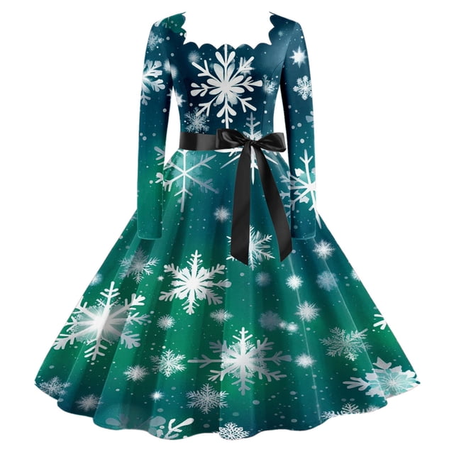 Wyzesi Robes Grande Taille pour l'Automne Femmes Noël Robe de Thé Classique pour Femmes Robe à Manches Longues avec Ceinture Robe Évasée de Fête Pyjamas de Noël Costume