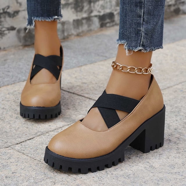 Cameland Chaussures à Talons Hauts à Bout Rond à Lacets pour Femmes en Cuir, Chaussures Simples