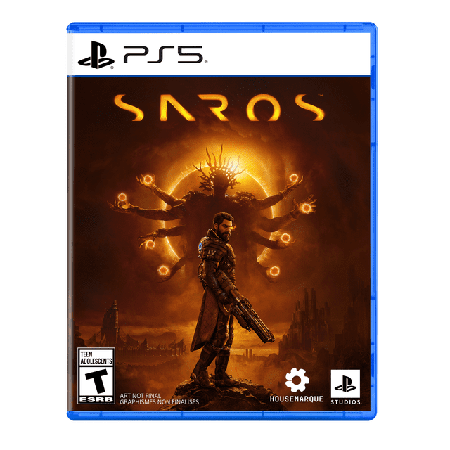 Saros PlayStation 5 game cover showing a futuristic armored figure holding a large weapon on rocky terrain, with a glowing multi-armed silhouette and fiery circular halo behind, set in a dark alien landscape with distant ruined structures.