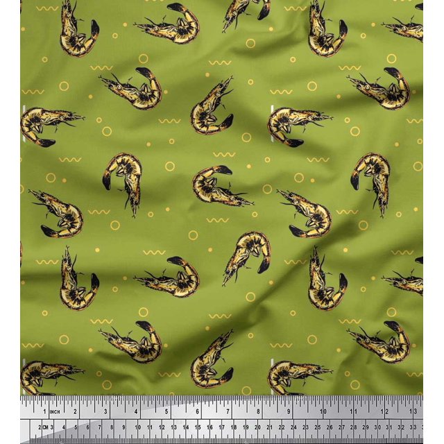 Soimoi Moss Georgette Fabric Circle,Dot & Prawns Ocean Print Fabric by The Yard 42 Inch Wide