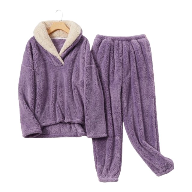 kurtrusly Pyjama en Molleton de Corail Doux et Confortable pour les Femmes à Réchauffer l'Hiver Durable Pyjama en Velours Chaud Set Violet L