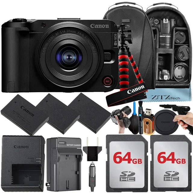 Canon EOS R50 V Mirrorless Camera with 14-30mm Lens + 2 Pack 64GB Memory Card + 3 Pieces Battery + Backpack + Tripod + ZeeTech Accessory Bundle
