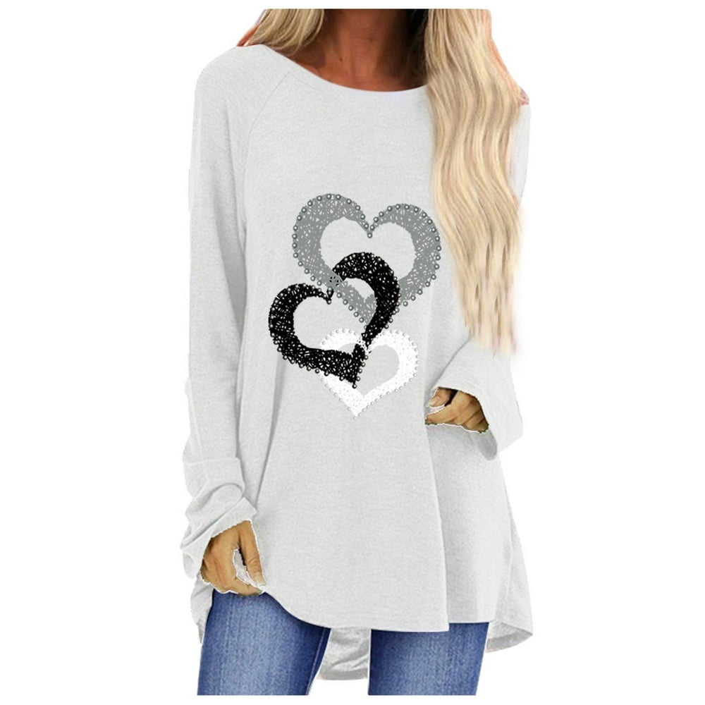 MesaSe T-Shirts à Manches Longues pour Femmes Time And Tru Femmes Mode Décontractée Imprimé Col Rond Ample T-Shirt à Manches Longues Haut Blouse Chandail