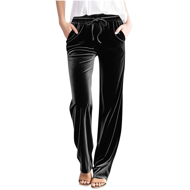 Plebaso Womens Velvet Pants Elastic Waist Drawstring Lounge Pants Straight Leg Trousers with Pockets