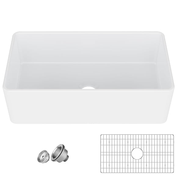 33 Inch Fireclay Farmhouse Sink, White Farmhouse Sink Apron Front Farm Sink Kitchen Sink Fireclay Ceramic Porcelain Deep Single Bowl Farm Sink with Bottom Grid and Strainer Drain