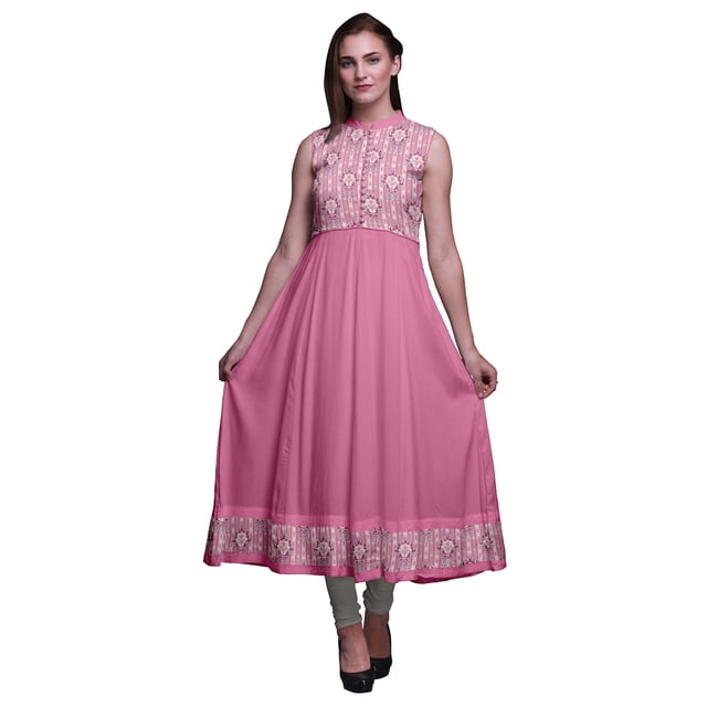 Bimba Robe Anarkali Damassé Rose Pâle pour Femmes Kurti Imprimé Ethnique Indien Longue Kurta Robe de Soirée Petite