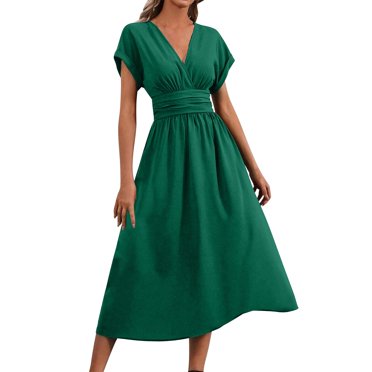 Pisexur Summer Dresses for Women 2025,The Latest Style Womens Dresses Fashion Round Neck Casual Solid Color Pocket Short-sleeved Knee-length Dress Green,L