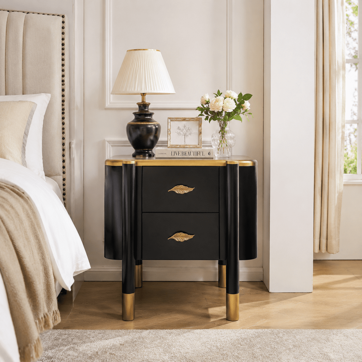 Noble House Dresser contemporain à 2 tiroirs, design profilé incurvé et poignées métalliques en forme de plume, pour chambre, noir