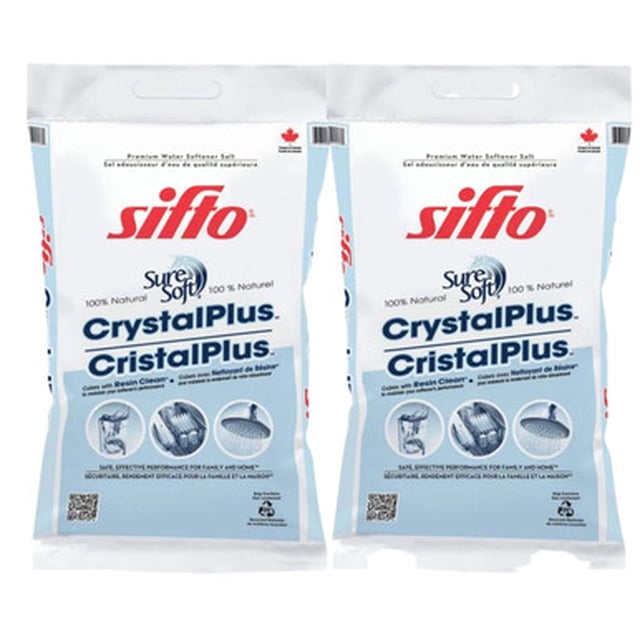 Sifto Sodium Chloride | Water Softener Pellets | 20KG for Improved Water Quality (2/PACK) Two sealed 20KG bags of Sifto Xtal Plus, front view showing extra-coarse white sodium chloride pellets noted on packaging; for treating hard water and regenerating residential or light-commercial ion-exchange softeners, often used to top up brine tanks.