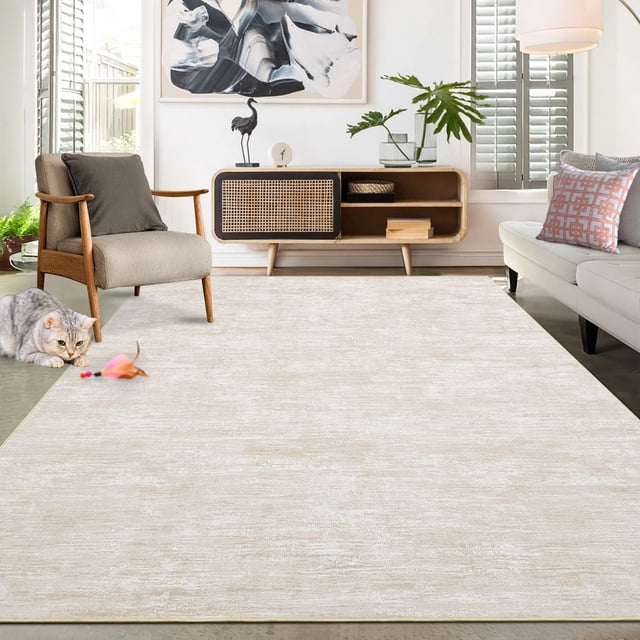 GlowSol 9'x12' Washable Rugs for Living Room Bedroom Modern Abstract Solid Area Rug Non-Slip Low Pile Rug Soft Foldable Accent Rug, Beige