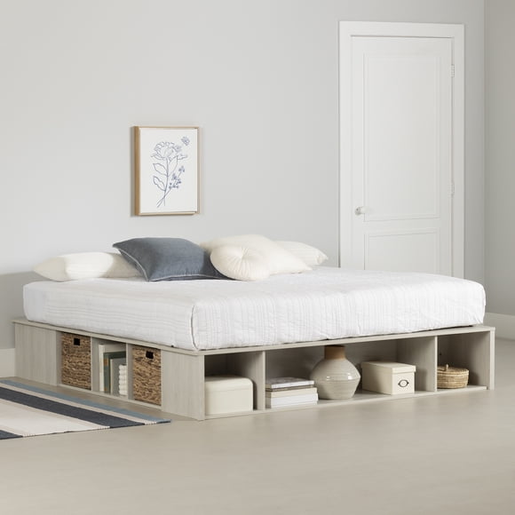 Lit avec paniers de rangement en osier inclus King, fini Chêne hivernal, collection Avilla de Meubles South Shore