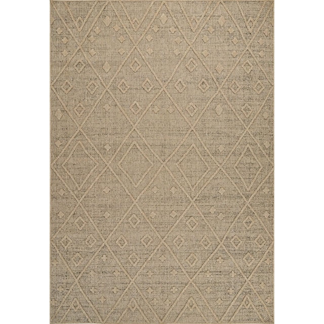 Rug Branch Hogar Abstract Indoor Outdoor Area Rug in brown beige, 7'x10' jute with an abstract diamond geometric pattern and textured weave, suitable for living room, bedroom, dining room, kitchen, patio, or balcony, also ideal as a decorative floor accent.