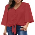 thumbnail image 4 of CHUANK Women‘s Button Down V Neck Tops Ruffled 3/4 Sleeve Tie Knot Front Blouses White Sizes S-2XL, 4 of 8