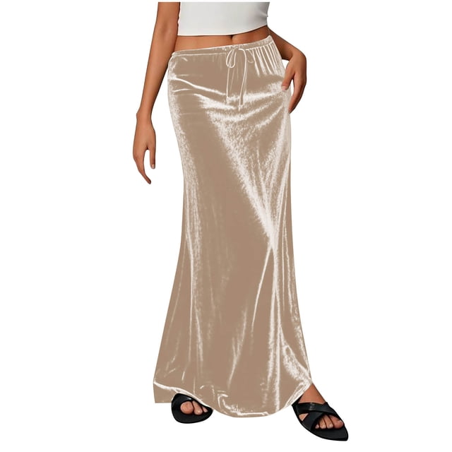 Kvture Ladies Fashion Women Solid Color Elastic Waist Drawstring Long Skirt Khaki XXL
