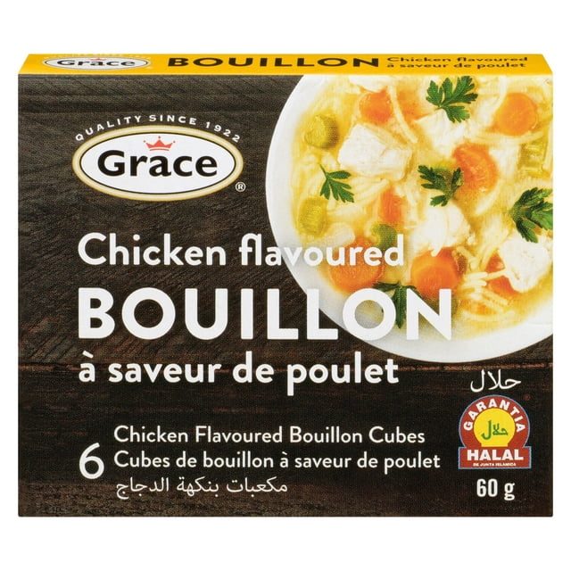 Grace Chicken Bouillon Cubes, 10g box containing six halal-certified chicken flavoured bouillon cubes, shown with a bowl of chicken soup on the packaging, ideal for enhancing soups, stews, and gravies.