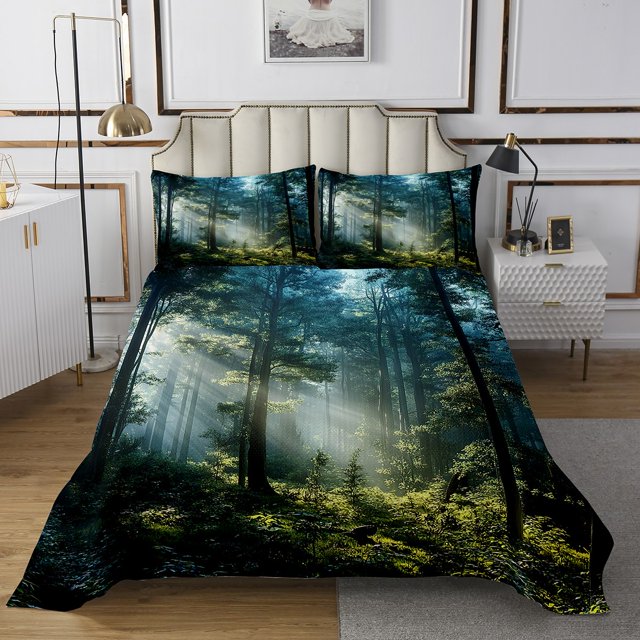 Erosebridal Jungle Scenery Coverlet Set Twin, Nature Landscape Bedding Set, Mystic Pine Room Decor