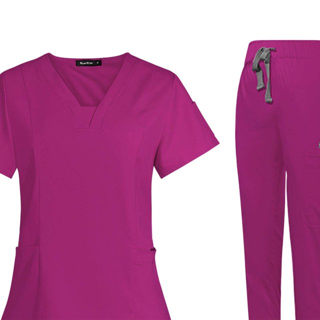 facefd Female Scrub Set Nurse v neckline Machine Washable Short Sleeves Suit L Rose Red