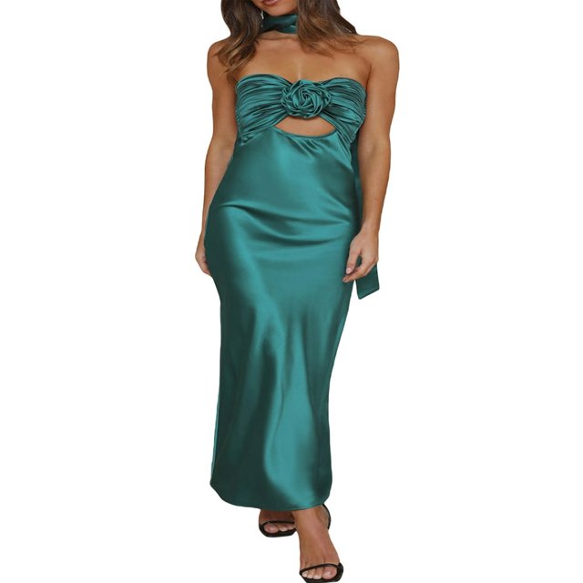 Robe Tube en Satin pour Femmes Robe Fleurie Couleur Unie avec Foulard