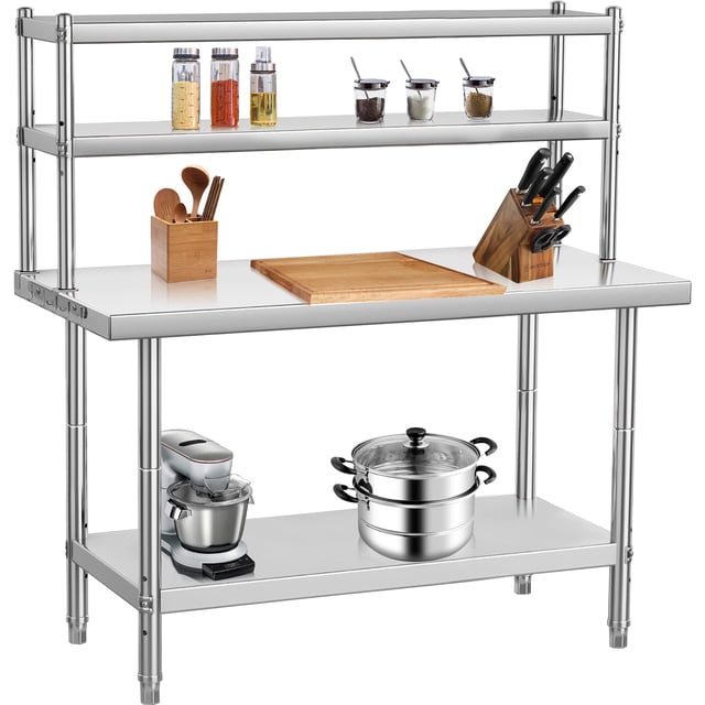 Ourlova 30"x24" stainless steel table with overshelves, ideal for commercial kitchen prep and restaurant supplies. Made of durable 18-gauge stainless steel, it features a corrosion-resistant and rust-proof finish. The table includes a spacious tabletop, two adjustable overshelves for extra storage, and a galvanized lower shelf for heavy-duty use. With a high load-bearing capacity of up to 1460 lbs and adjustable legs for stability, it is suitable for kitchens, garages, workshops, and more. Easy to clean and install, it comes with all necessary accessories.