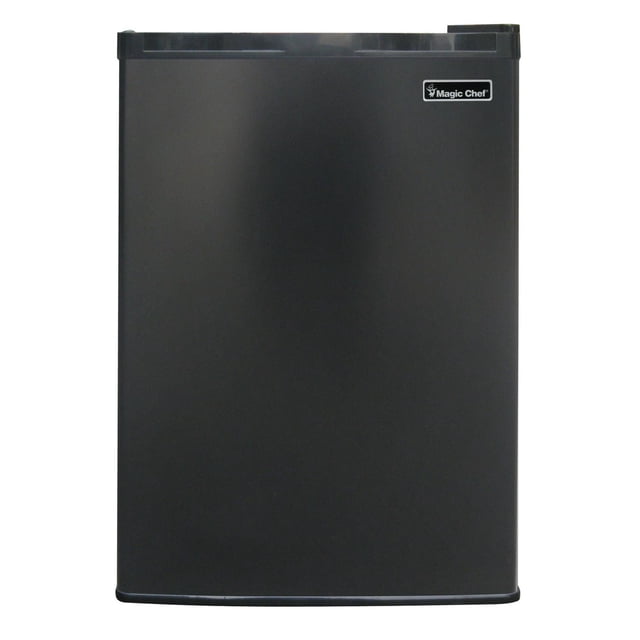 Magic Chef 2.6 Cu. ft. Mini Refrigerator in black with a front-facing matte door and Magic Chef logo, compact design with freezer compartment and can dispenser, ENERGY STAR certified for energy efficiency, suitable for small spaces.