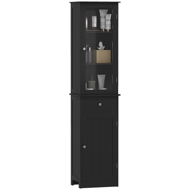 kleankin Slim Bathroom Storage Cabinet with Adjustable Shelves Drawer in black, designed for bathroom storage with two cabinets, a drawer, and adjustable shelves. The upper cabinet features a transparent acrylic door for item display, while the lower cabinet offers concealed storage. Made from P2 grade MDF with zinc alloy handles and an anti-toppling design for safety. Ideal for narrow spaces, this cabinet measures 15.7 inches L x 10.6 inches W x 67.5 inches H, perfect for organizing bathroom essentials.