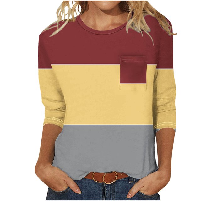 Blouses pour Femmes Haut Décontracté Uni à Col Rond à Manches 3/4 et à Poche à Manches 3/4 pour Femmes