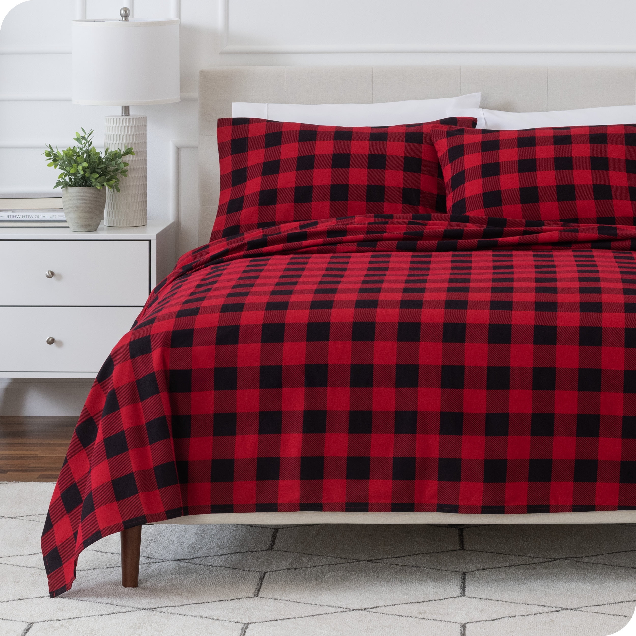 Bare Home Ensemble de Draps en Flanelle - 100 % Coton - Poche Profonde - Lit Simple, Carreaux Buffalo - Rouge/noir, 3 Pcs