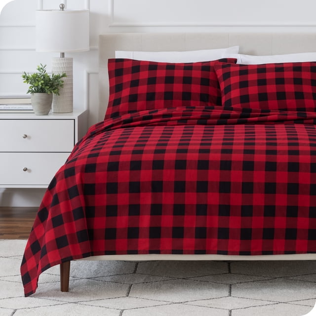 Bare Home Ensemble de Draps en Flanelle - 100 % Coton - Poche Profonde - Lit Simple, Carreaux Buffalo - Rouge/noir, 3 Pcs