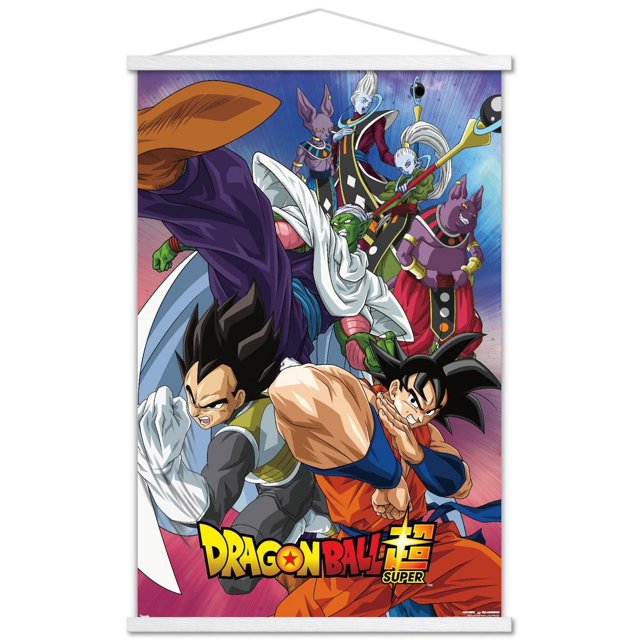 Dragon Ball: Super - Affiche Murale de Groupe, 14,725 Pouces x 22,375 Pouces Mettant en Vedette des Personnages Principaux de Dragon Ball Super dans des poses d'Action Dynamiques aux Couleurs d'Anime Vibrantes. Goku en gi orange et Bleu, Vegeta en Armure Sombre, Piccolo en cape Blanche, et d'Autres Personnages Se Tiennent sur un Fond Dégradé Coloré avec le logo Dragon Ball Super au Centre Inférieur.