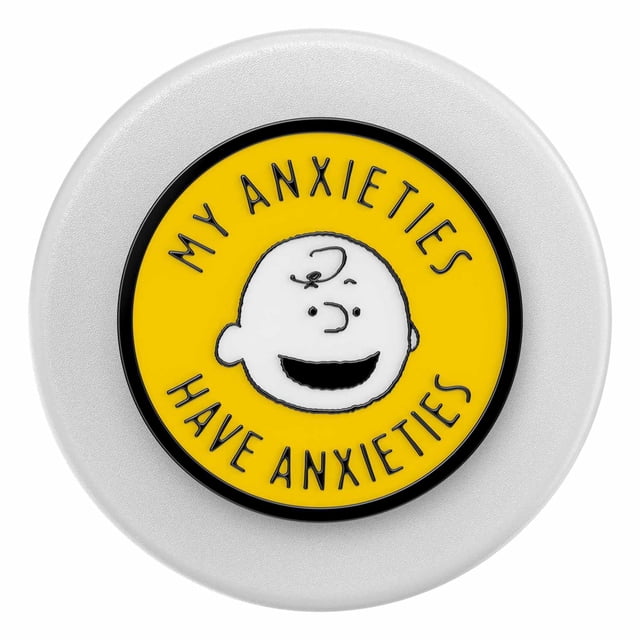 PopSockets PopGrip pour MagSafe Rond avec Anneau Adaptateur Émail Mes Anxies Ont des Anxies Présentant une Poignée de Téléphone Magnétique Ronde Blanche avec un Dessus Jaune Affichant un Visage de Dessin Animé à Contour Noir et la phrase « Mes Anxies Ont des Anxies » en Texte Noir, Conçu comme Support de Téléphone et Support compatible avec les Appareils iPhone et Android avec un Anneau Adaptateur en Acier pour Fixation Magnétique Universelle.