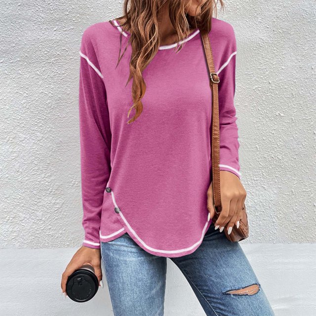 AherBiu T-Shirts à Manches Longues pour Femmes Col Ras du Cou Décontractés Amples T-Shirts Mode Tunique d'Automne Hauts Basiques Tee Blouses