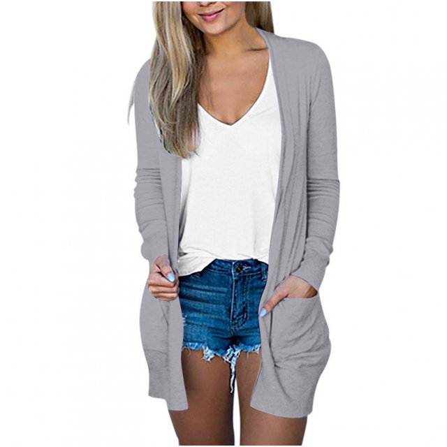 AherBiu Womens Cardigan Tops Long Sleeve Open Front Mid-Long Outwear with Pockets Spring Clothes