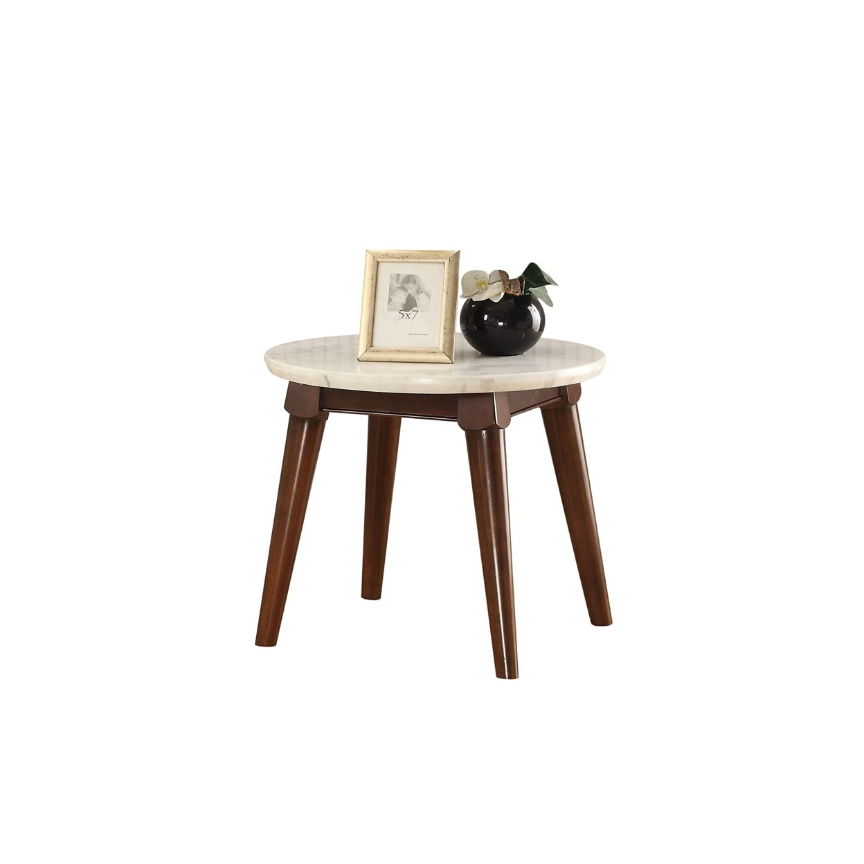 acme AC-82892 End Table, 24" Dia x 22" H, White Marble & Walnut